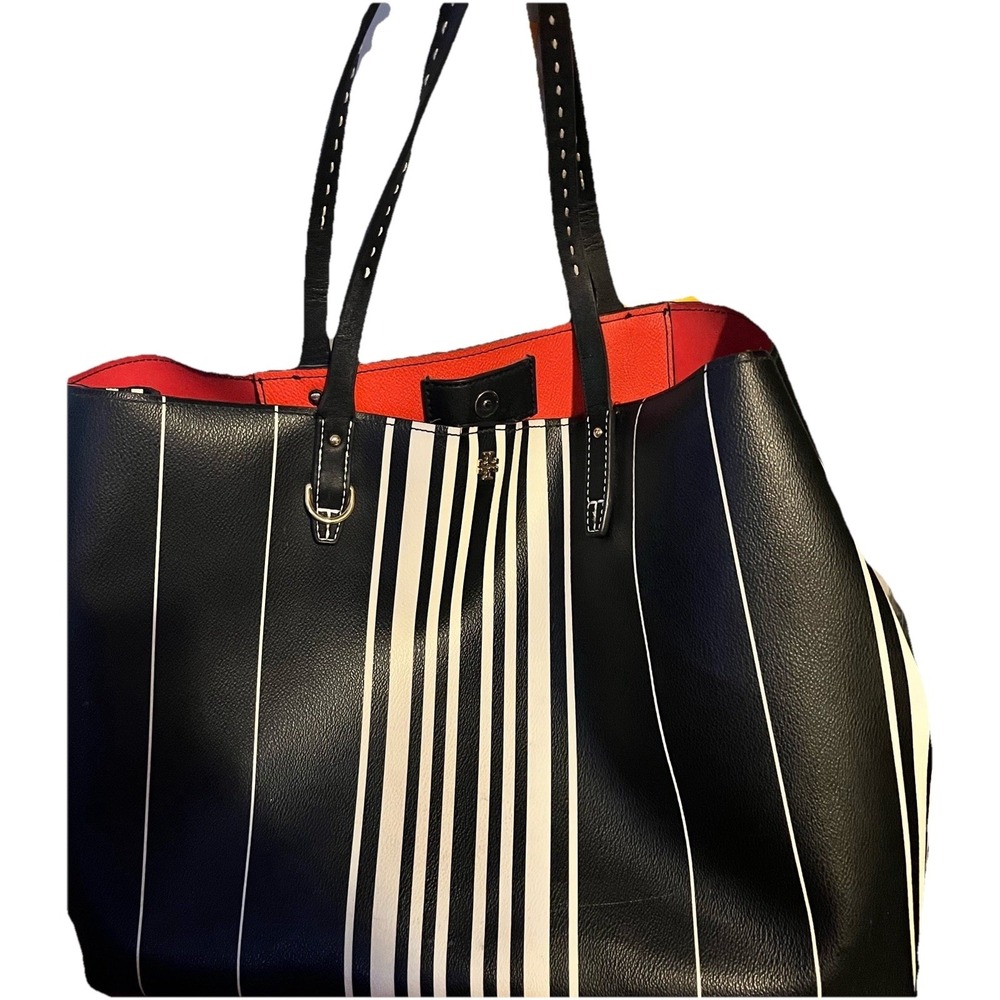 Tory Burch Kerrington Coated Canvas Striped Large Tote Black White Leather